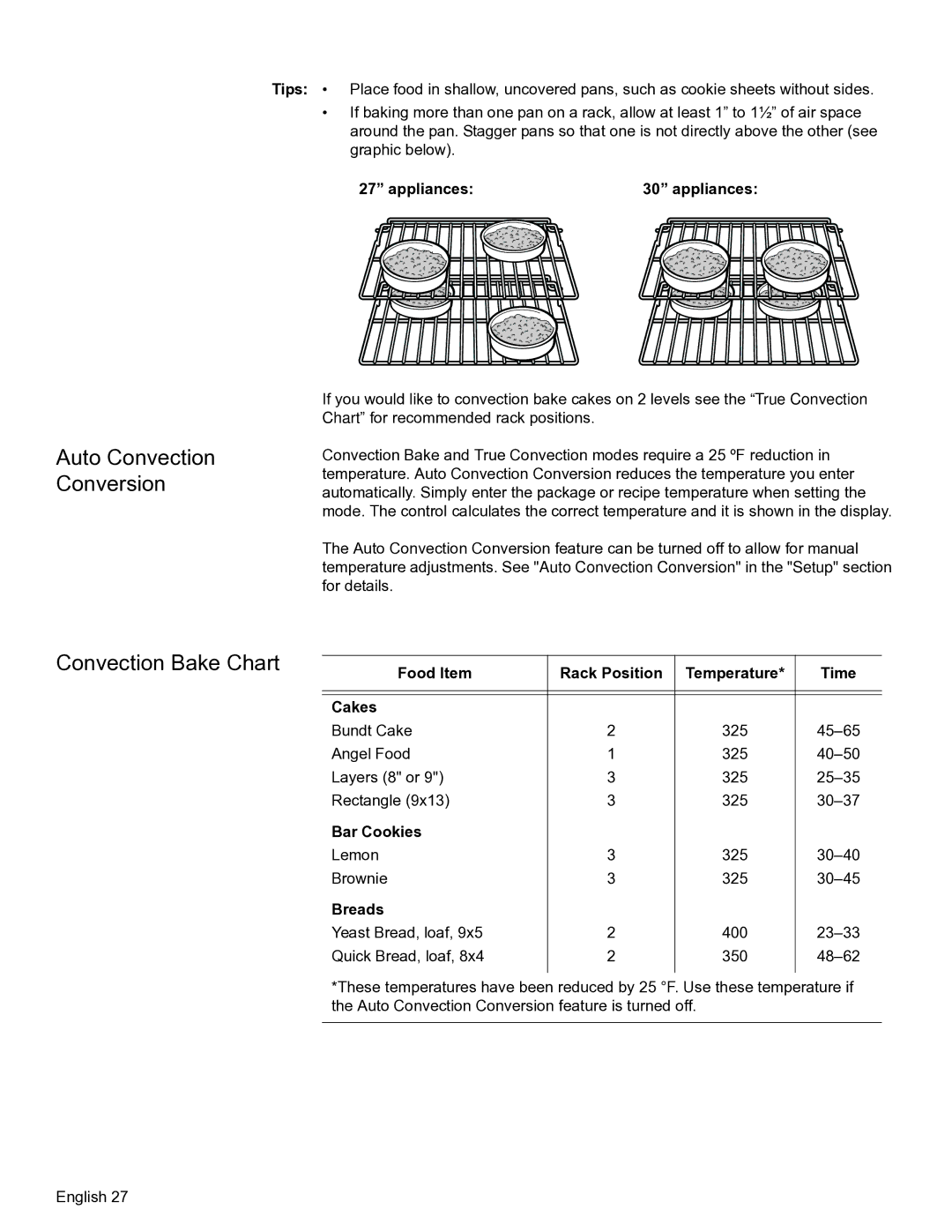 Bosch Appliances HBN56 Auto Convection Conversion, Convection Bake Chart, Food Item Rack Position Temperature Time Cakes 