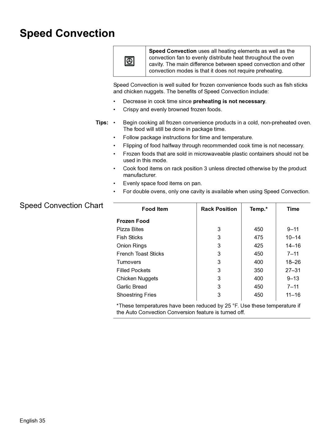 Bosch Appliances HBN56, HBL57, HBL56, HBN54 manual Speed Convection Chart, Frozen Food, Rack Position Temp 