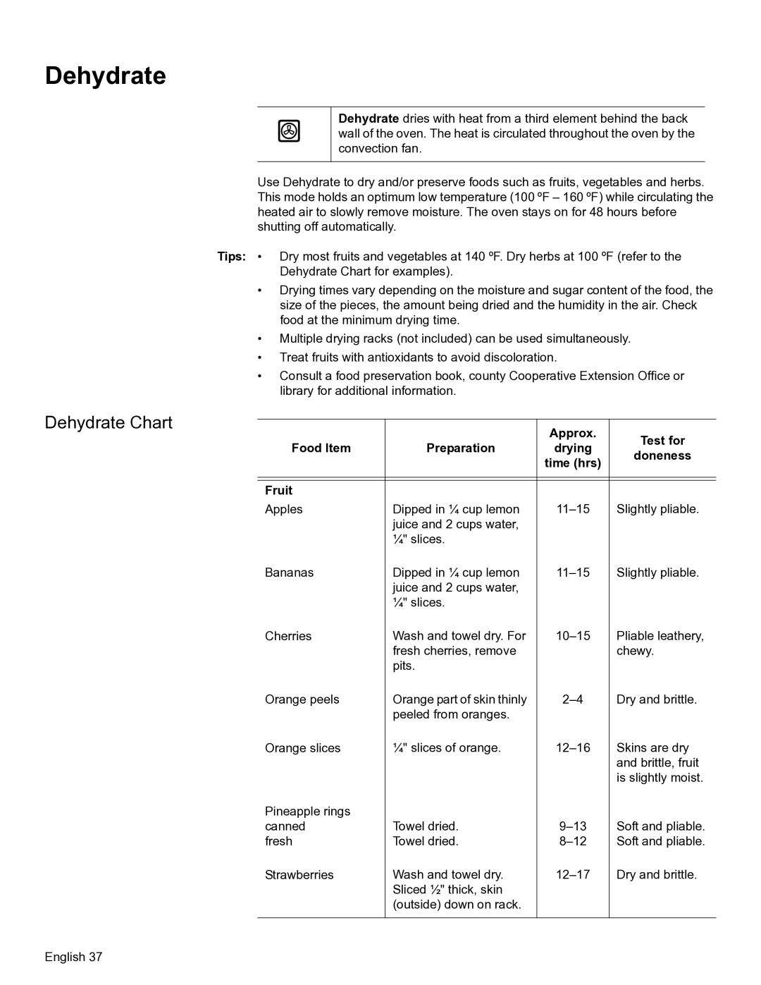 Bosch Appliances HBL57, HBL56, HBN56, HBN54 manual Dehydrate Chart 