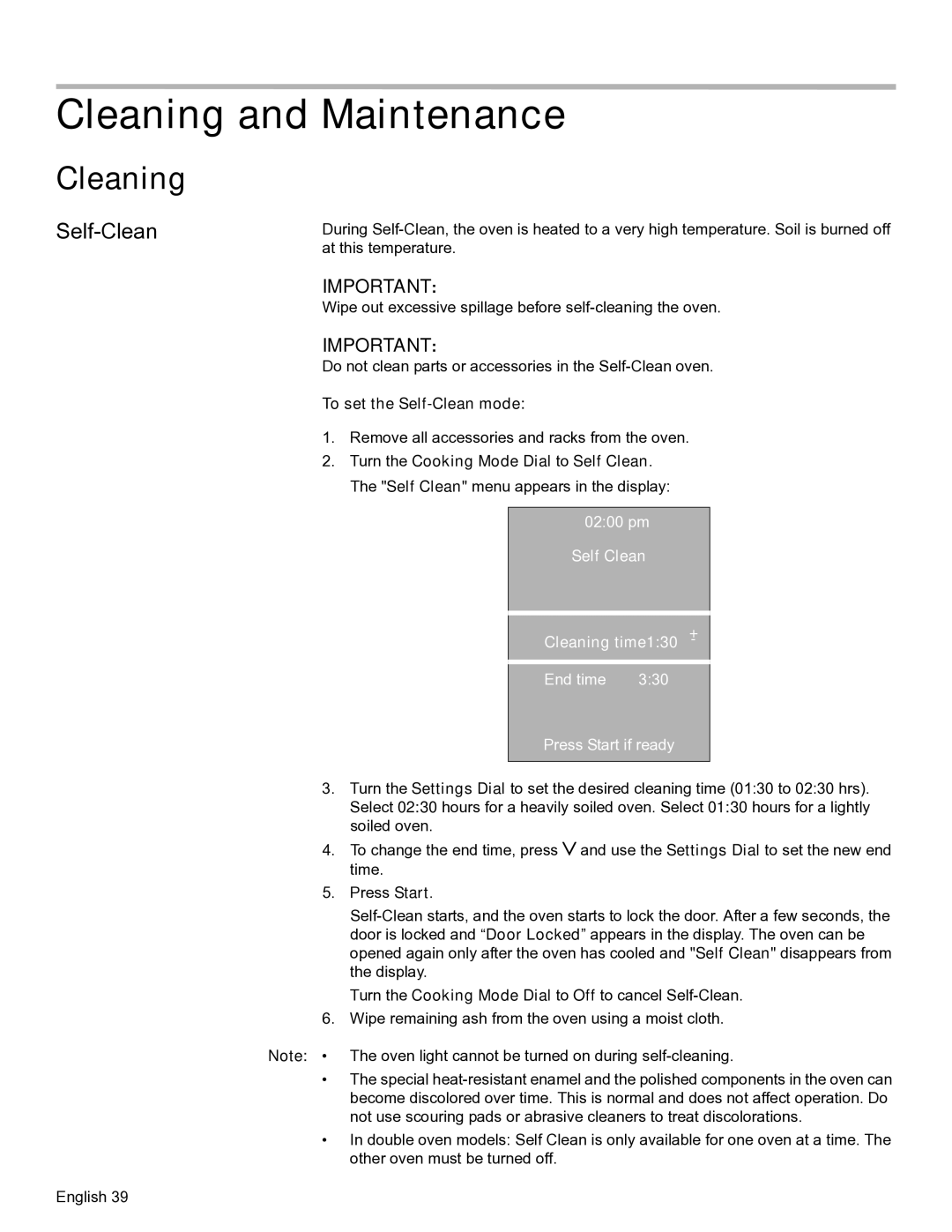 Bosch Appliances HBN56, HBL57, HBL56 Cleaning and Maintenance, To set the Self-Clean mode, Self Clean Cleaning time130 