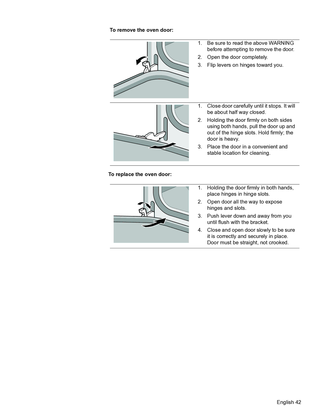 Bosch Appliances HBL56, HBL57, HBN56, HBN54 manual To remove the oven door, To replace the oven door 