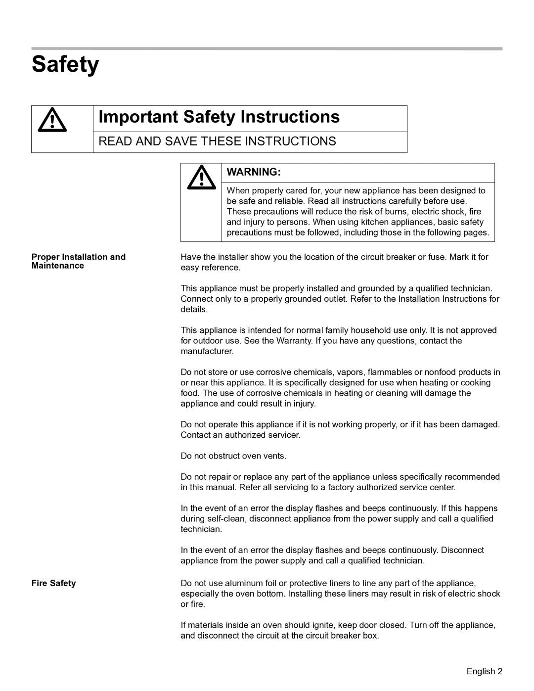 Bosch Appliances HBL56, HBL57, HBN56 Important Safety Instructions, Proper Installation and Maintenance Fire Safety 