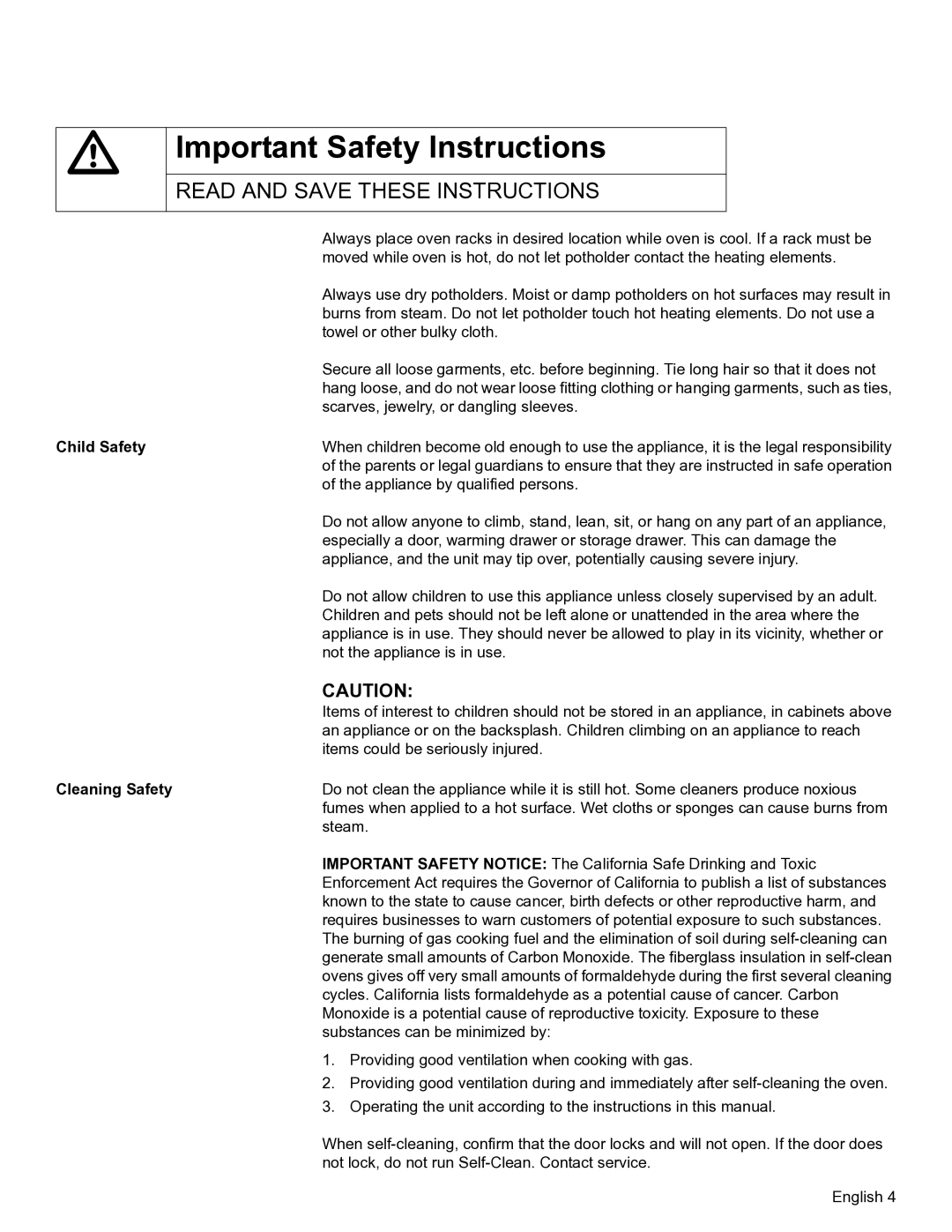 Bosch Appliances HBN54, HBL57, HBL56, HBN56 manual Child Safety, Cleaning Safety 