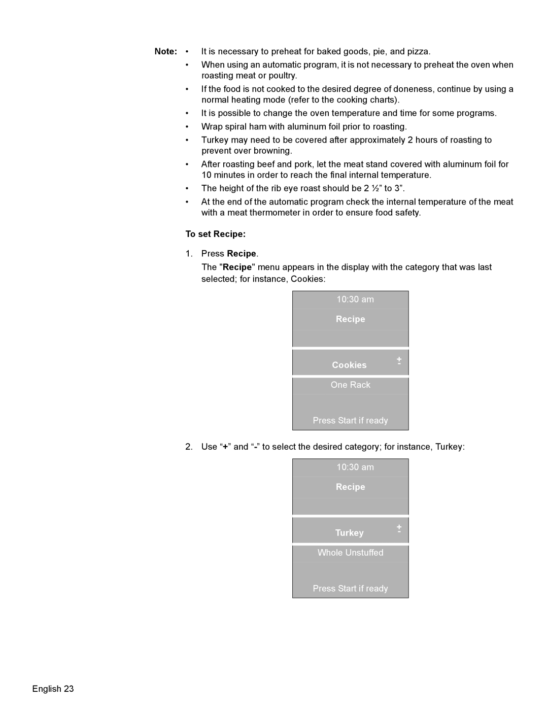 Bosch Appliances HBL8550, HBL8650 manual To set Recipe, Recipe Cookies, One Rack Press Start if ready, Recipe Turkey 