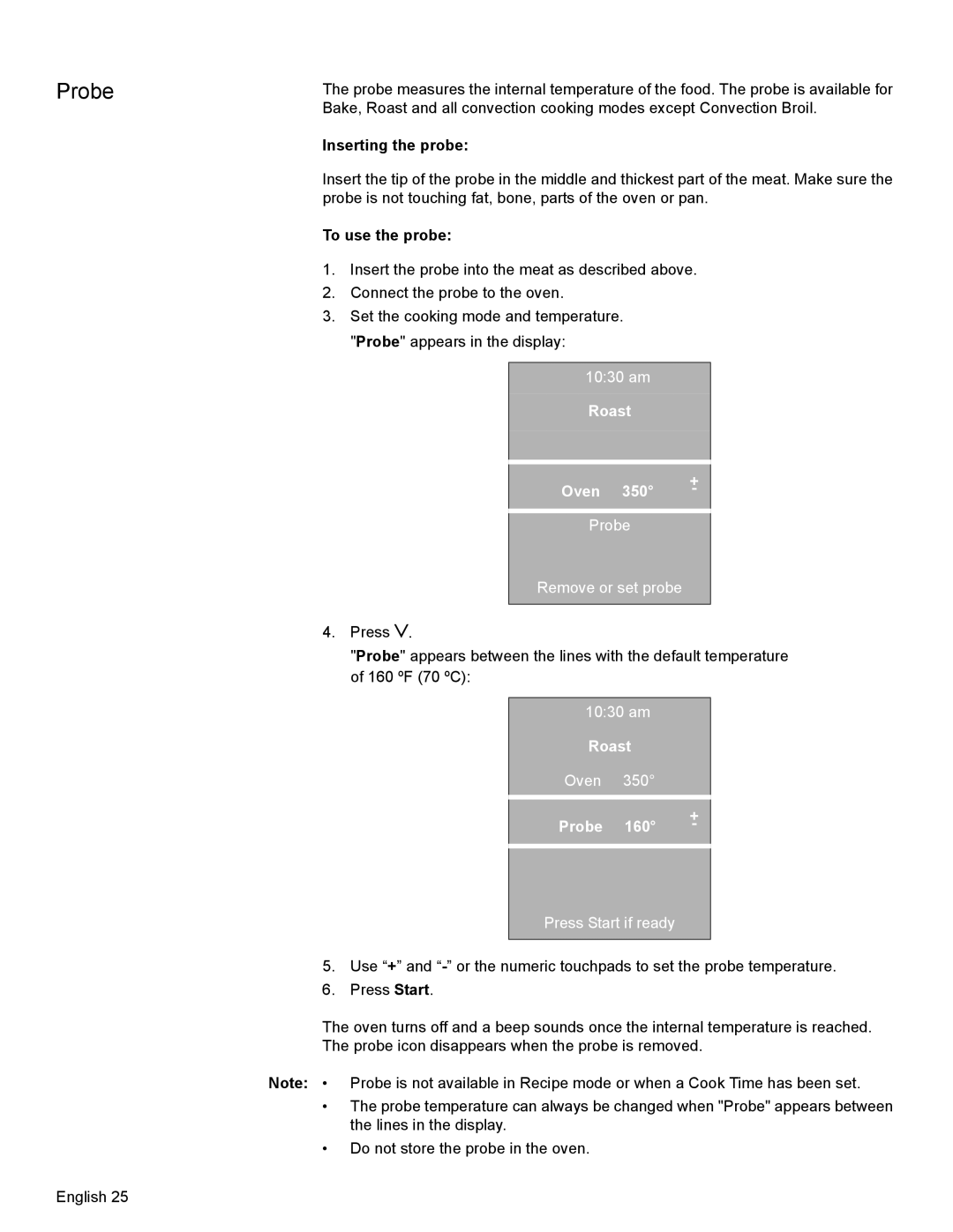 Bosch Appliances HBL8550 Inserting the probe, To use the probe, Probe Remove or set probe, am Roast Oven 350 Probe 160 