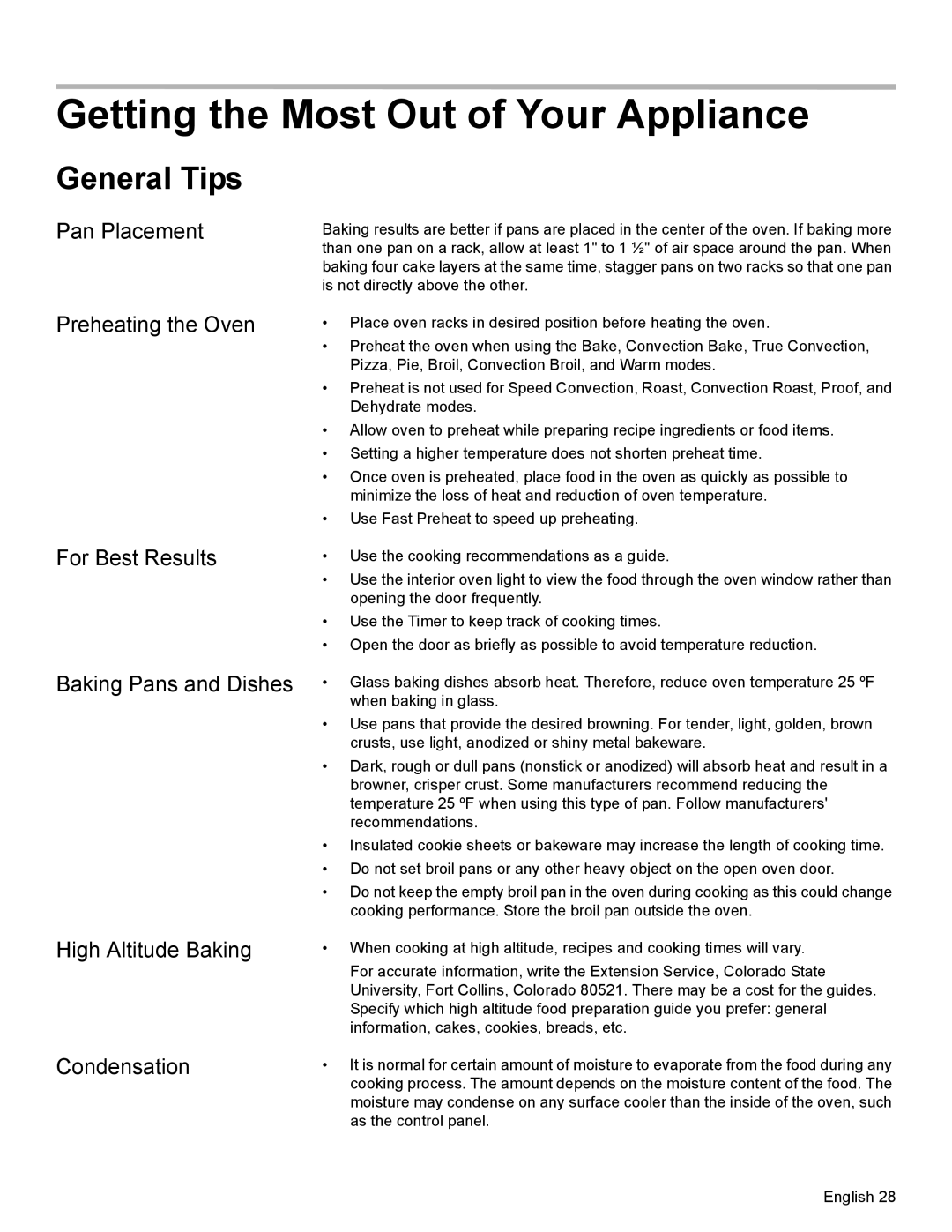 Bosch Appliances HBL8650, HBL8550 manual Getting the Most Out of Your Appliance, General Tips 