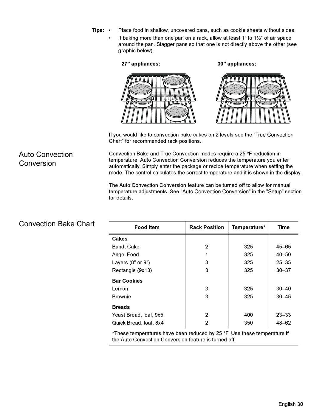 Bosch Appliances HBL8650 Auto Convection Conversion, Convection Bake Chart, Food Item Rack Position Temperature Time Cakes 