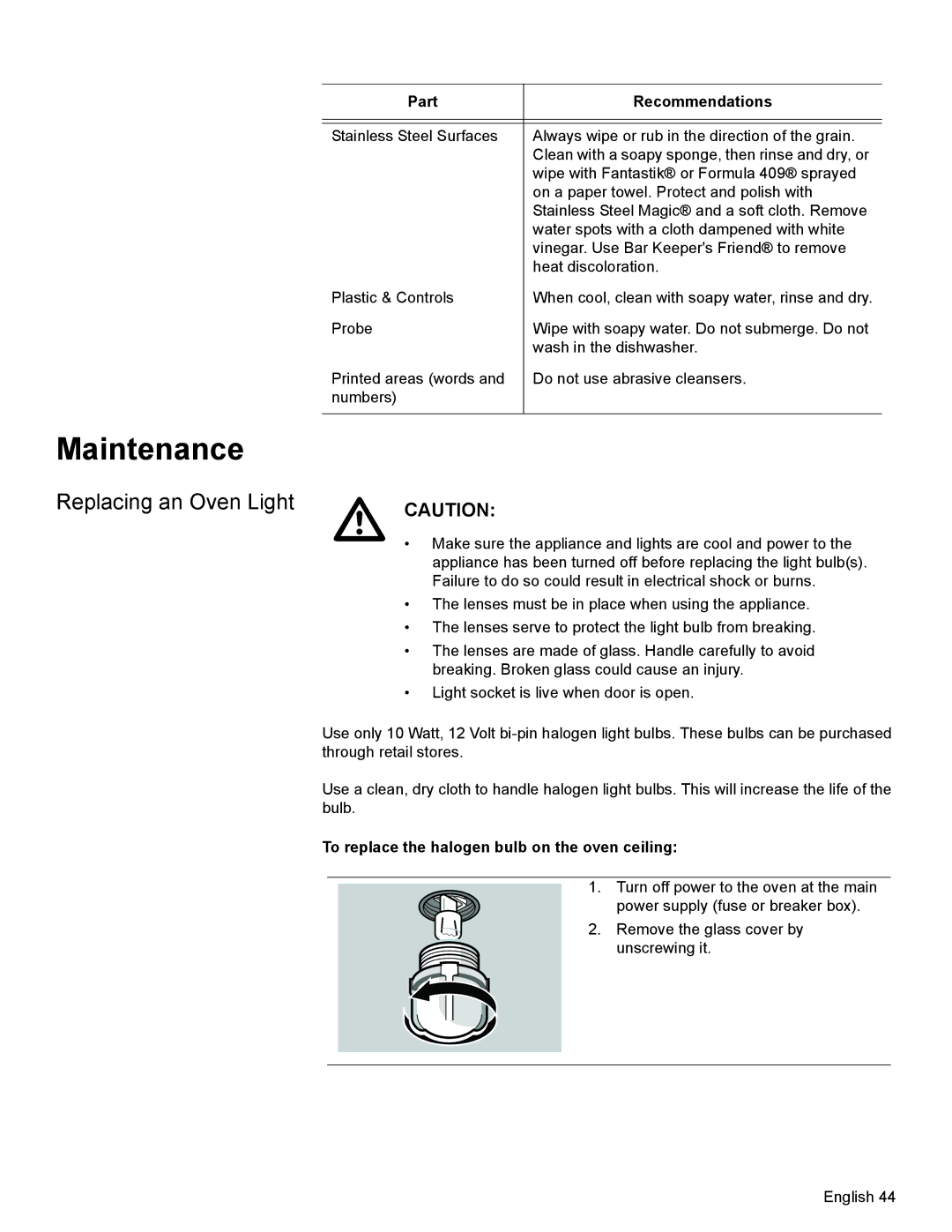 Bosch Appliances HBL8650, HBL8550 Maintenance, Replacing an Oven Light, To replace the halogen bulb on the oven ceiling 