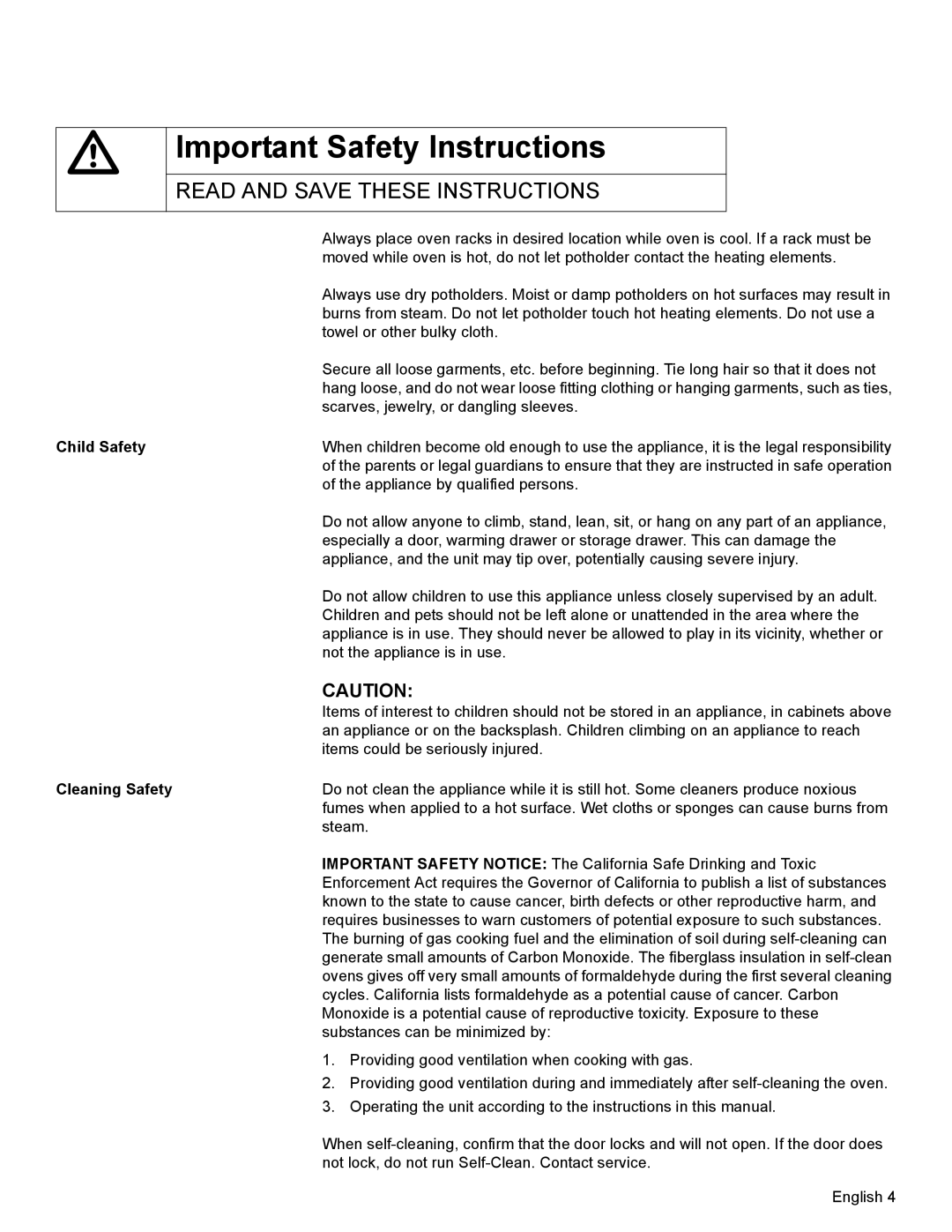 Bosch Appliances HBL8650, HBL8550 manual Child Safety, Cleaning Safety 