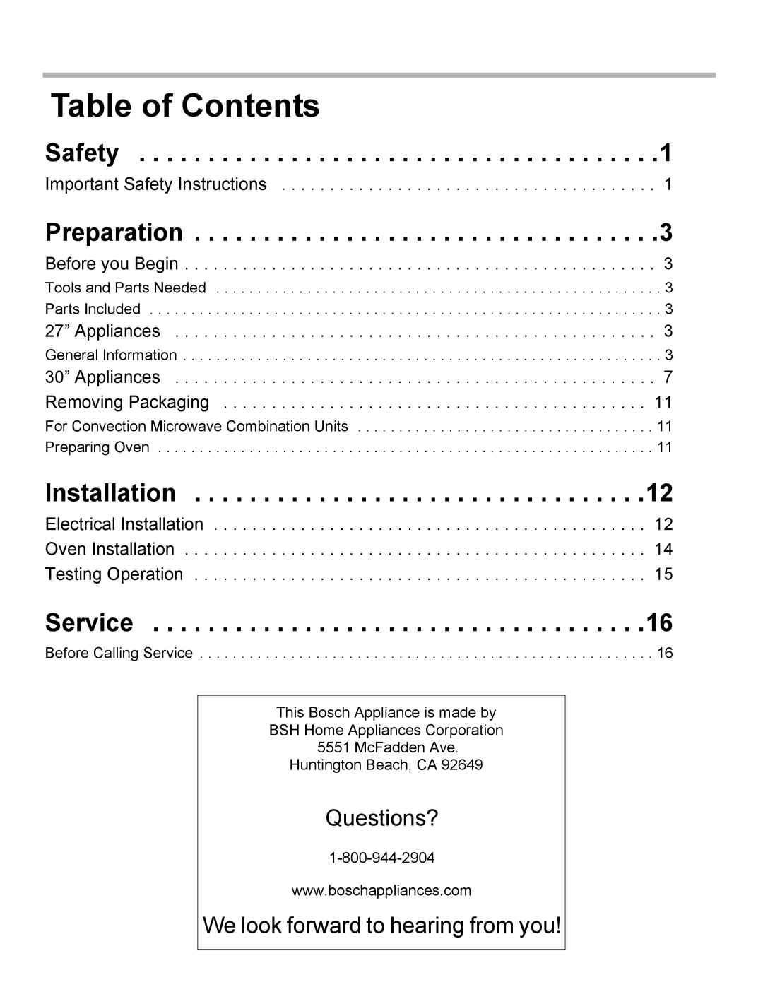 Bosch Appliances HBL54, HBL8750, HBL33, HBL34, HBN33 installation manual Table of Contents 