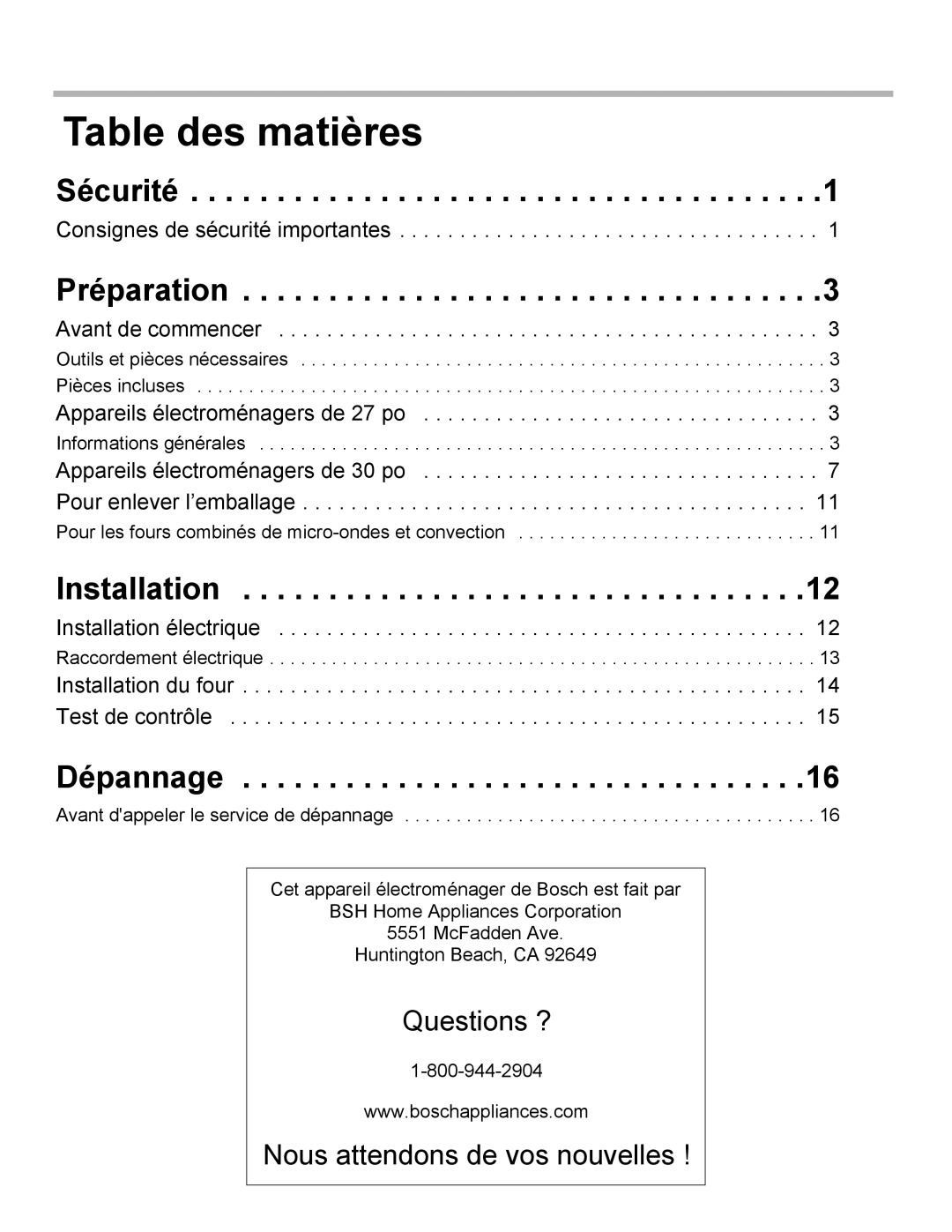 Bosch Appliances HBL54, HBL8750, HBL33, HBL34, HBN33 installation manual Table des matières, Sécurité, Préparation, Dépannage 