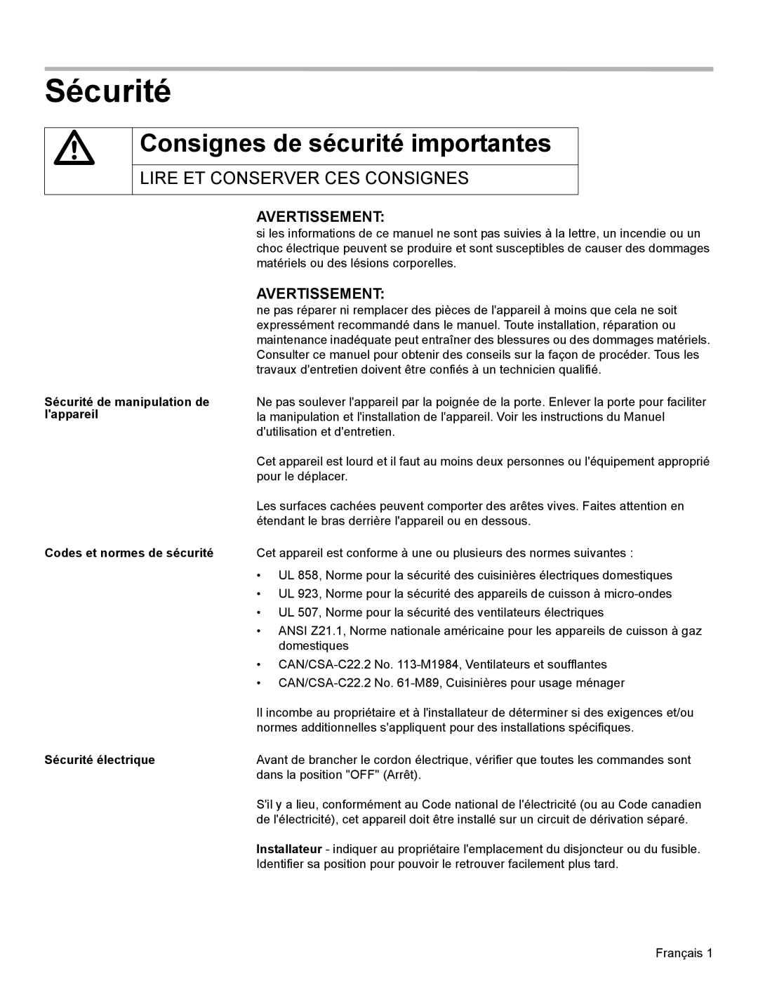 Bosch Appliances HBL34, HBL8750, HBL33, HBL54, HBN33 Consignes de sécurité importantes, Sécurité électrique 