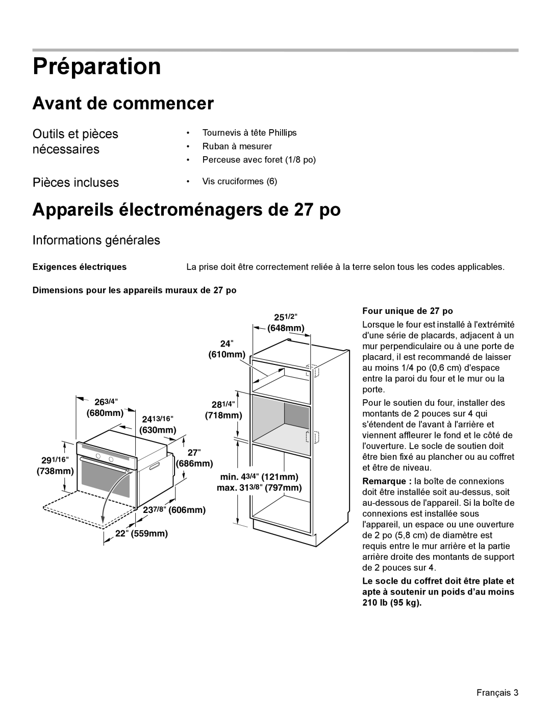 Bosch Appliances HBN33, HBL33 Préparation, Avant de commencer, Appareils électroménagers de 27 po, Informations générales 