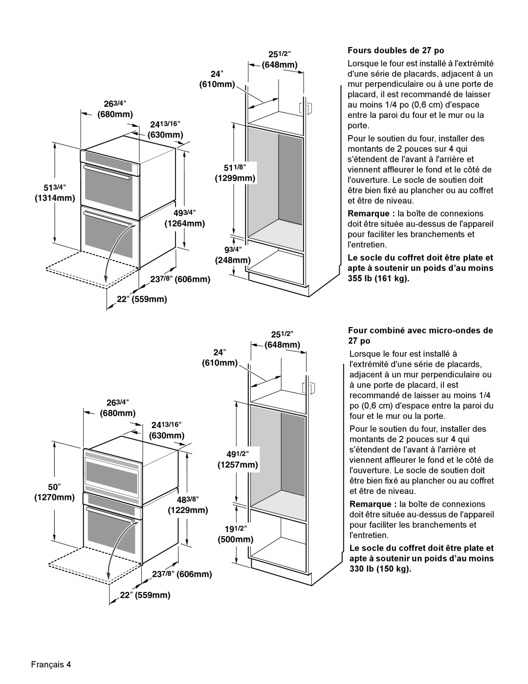 Bosch Appliances HBL8750, HBL33, HBL54, HBL34, HBN33 1314mm 1270mm, 500mm 237/8 606mm 22 559mm Fours doubles de 27 po 