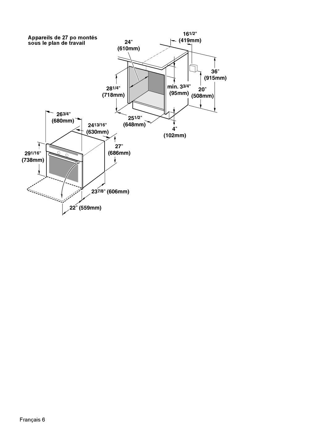 Bosch Appliances HBL54 Appareils de 27 po montés Sous le plan de travail24 610mm, 738mm 237/8 606mm 22 559mm, 419mm 915mm 