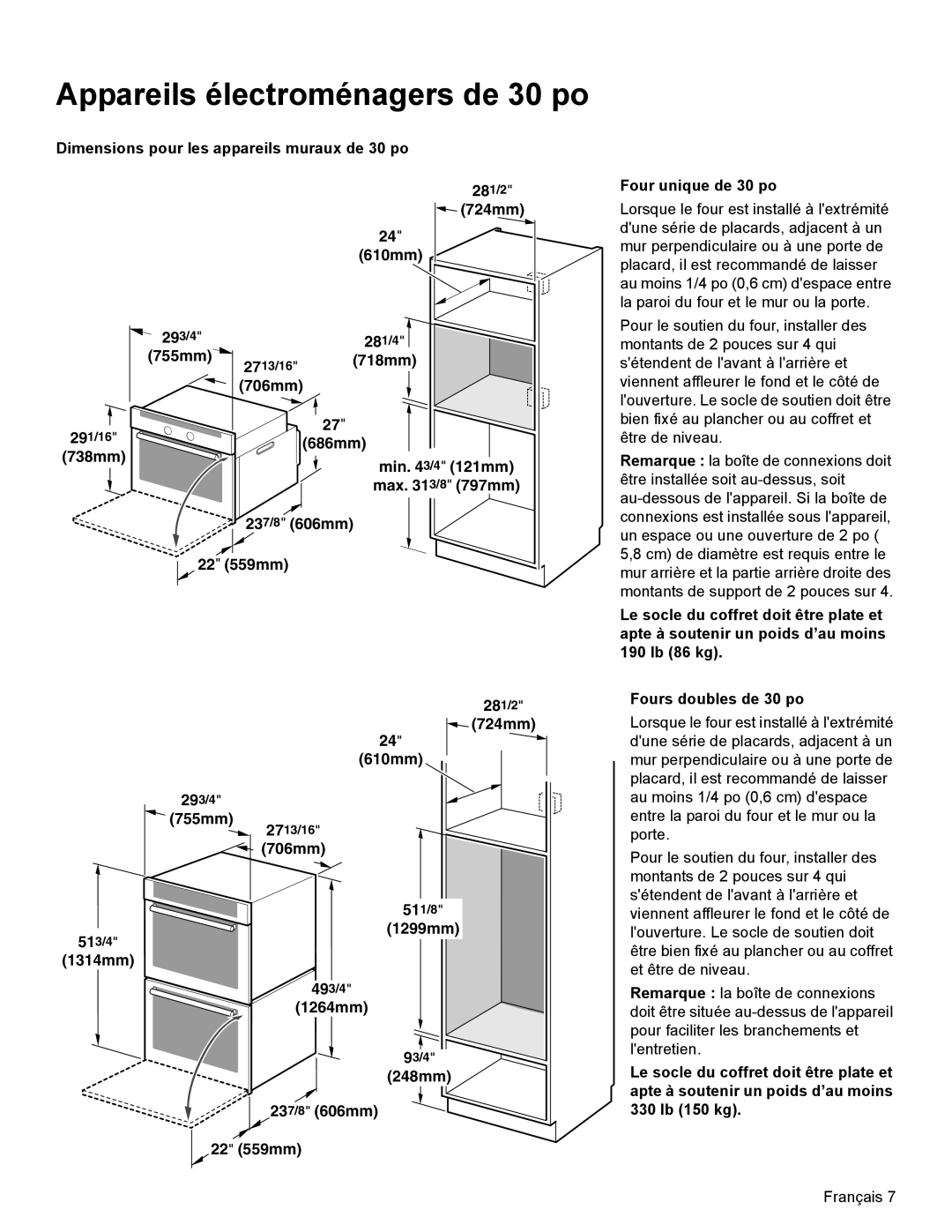 Bosch Appliances HBL34, HBL8750, HBL33, HBL54 Dimensions pour les appareils muraux de 30 po, 22 559mm Four unique de 30 po 