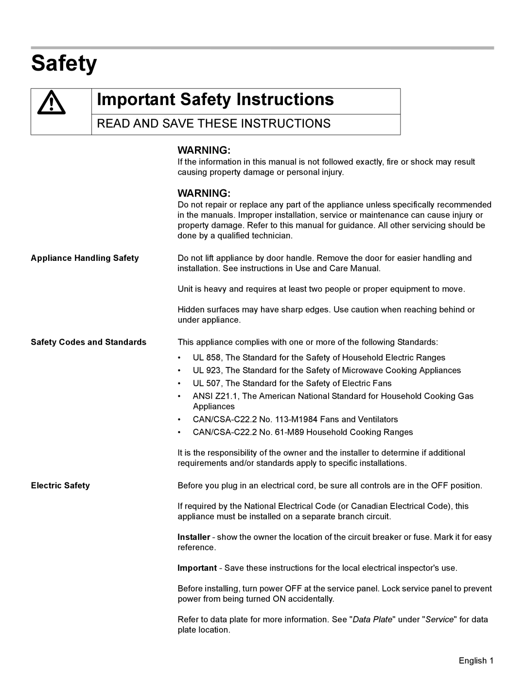 Bosch Appliances HBL34, HBL8750 Important Safety Instructions, Appliance Handling Safety, Safety Codes and Standards 