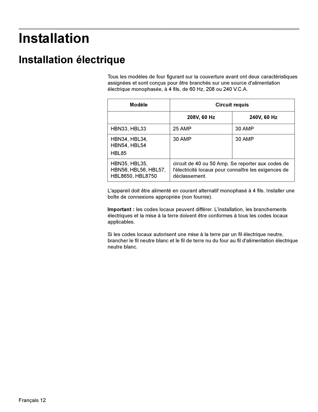 Bosch Appliances HBL54, HBL8750, HBL33, HBL34, HBN33 Installation électrique, Modèle Circuit requis 208V, 60 Hz 240V, 60 Hz 