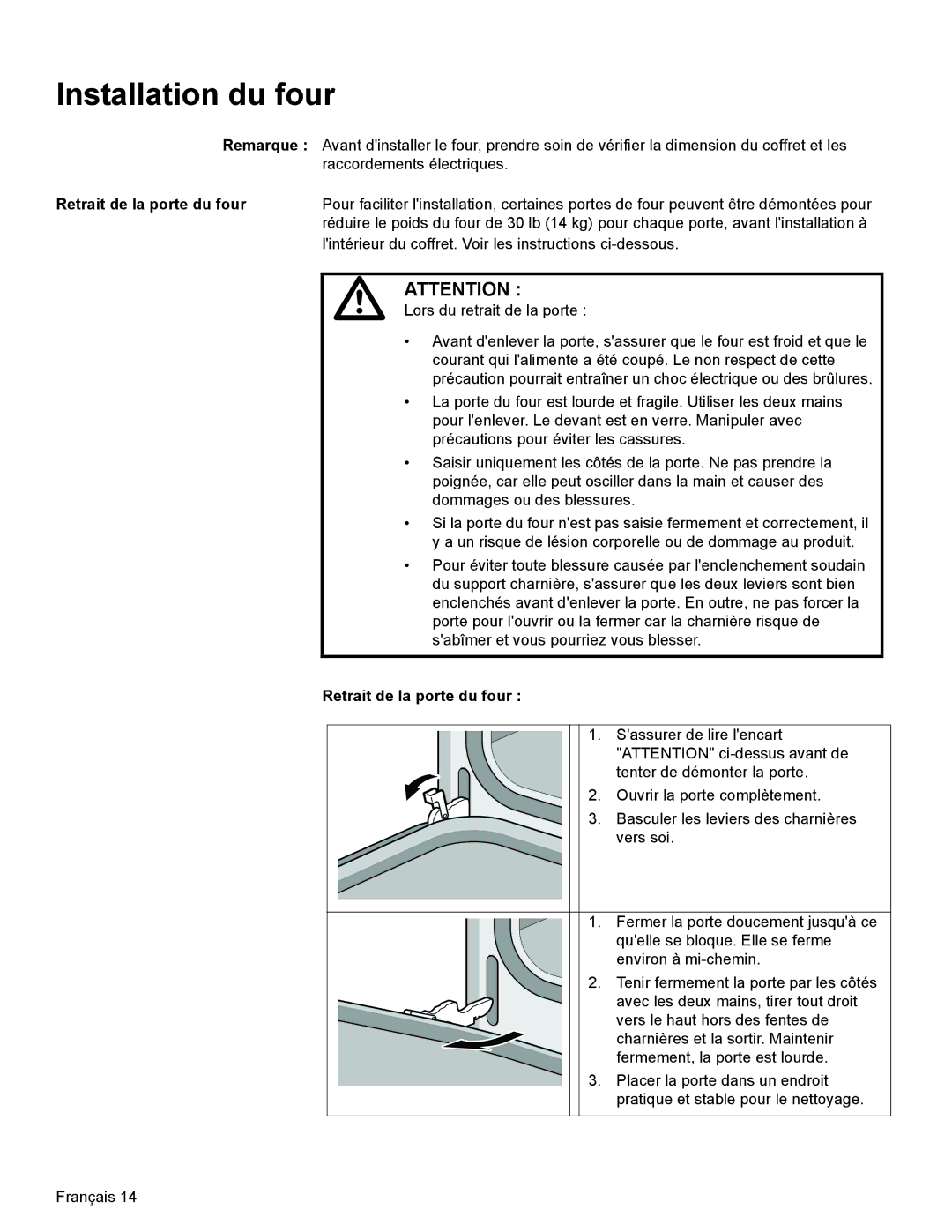 Bosch Appliances HBL8750, HBL33, HBL54, HBL34, HBN33 installation manual Installation du four, Retrait de la porte du four 