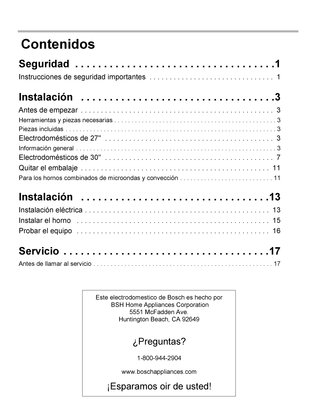 Bosch Appliances HBL54, HBL8750, HBL33, HBL34, HBN33 installation manual Contenidos, Seguridad, Instalación, Servicio 