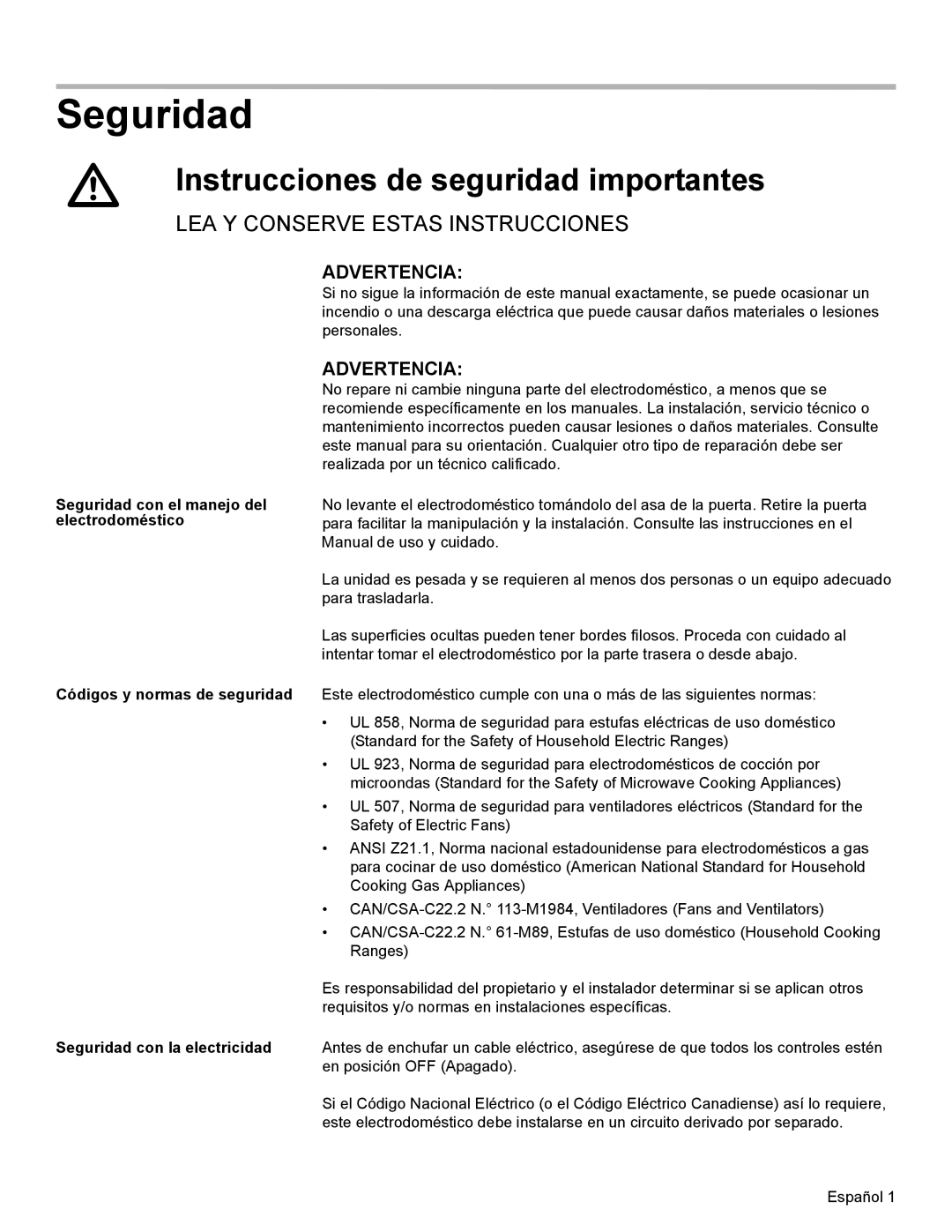 Bosch Appliances HBL34, HBL8750, HBL33, HBL54, HBN33 installation manual Seguridad, Instrucciones de seguridad importantes 