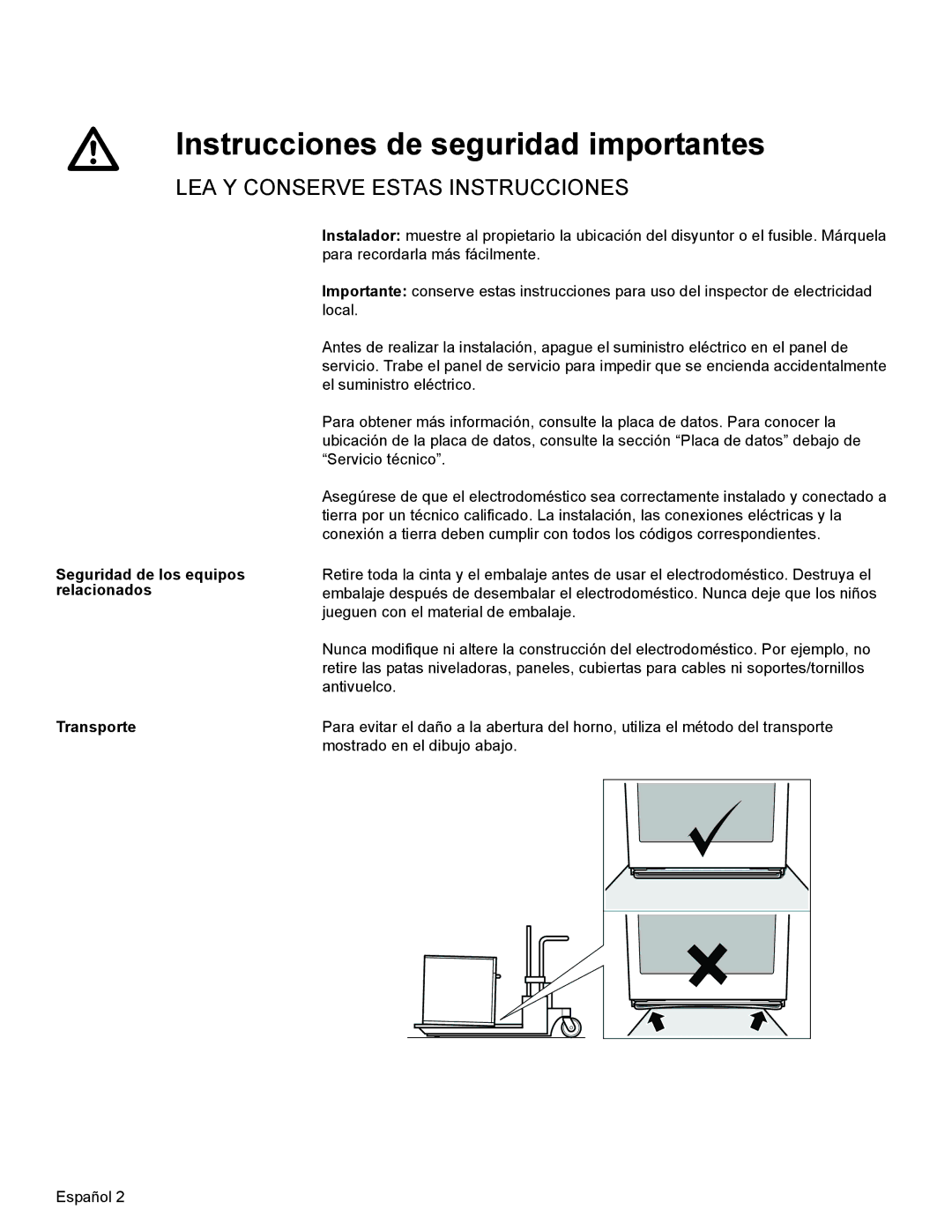 Bosch Appliances HBL8750, HBL33, HBL54, HBL34, HBN33 installation manual Seguridad de los equipos relacionados Transporte 