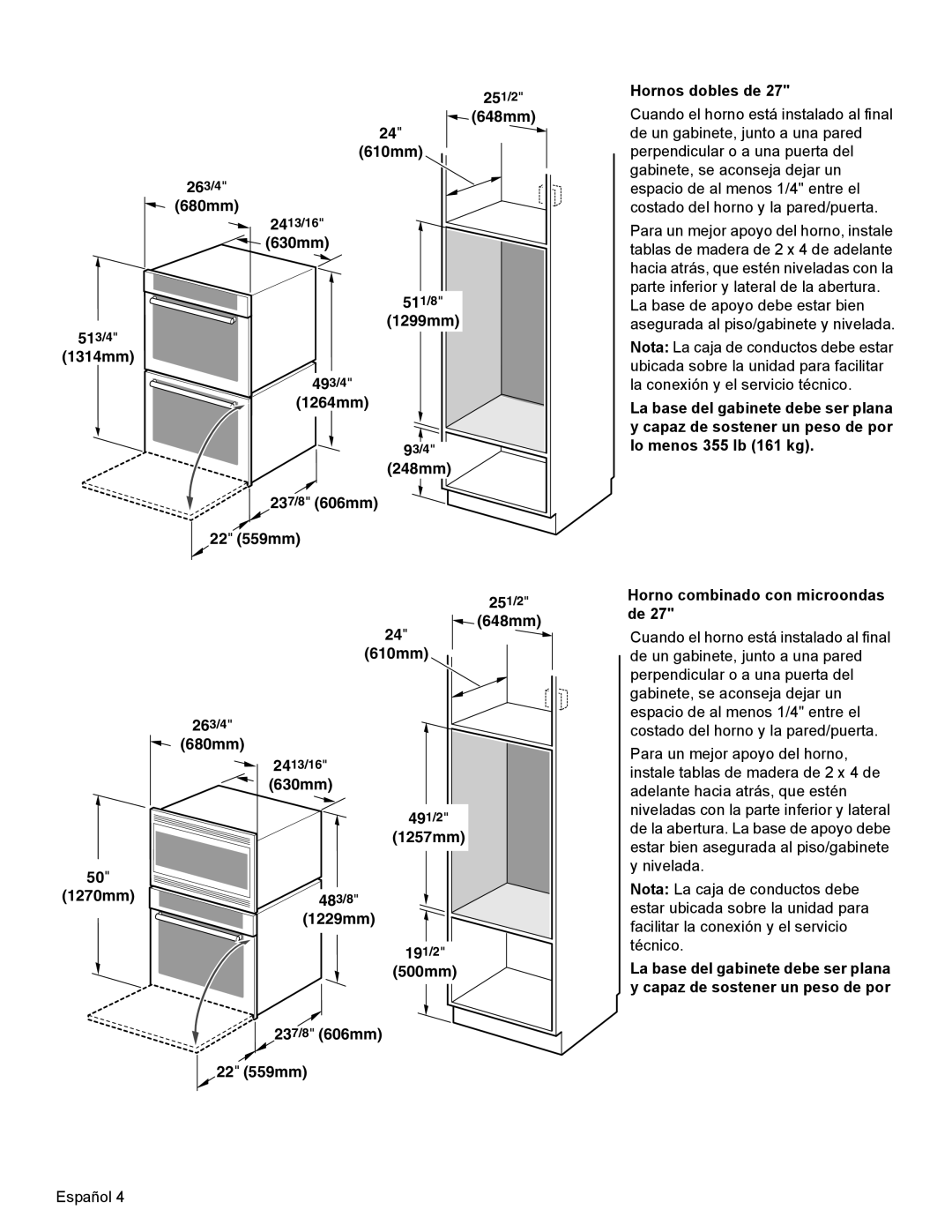 Bosch Appliances HBL8750, HBL33, HBL54, HBL34, HBN33 1314mm 1270mm, 500mm 237/8 606mm 22 559mm Hornos dobles de 