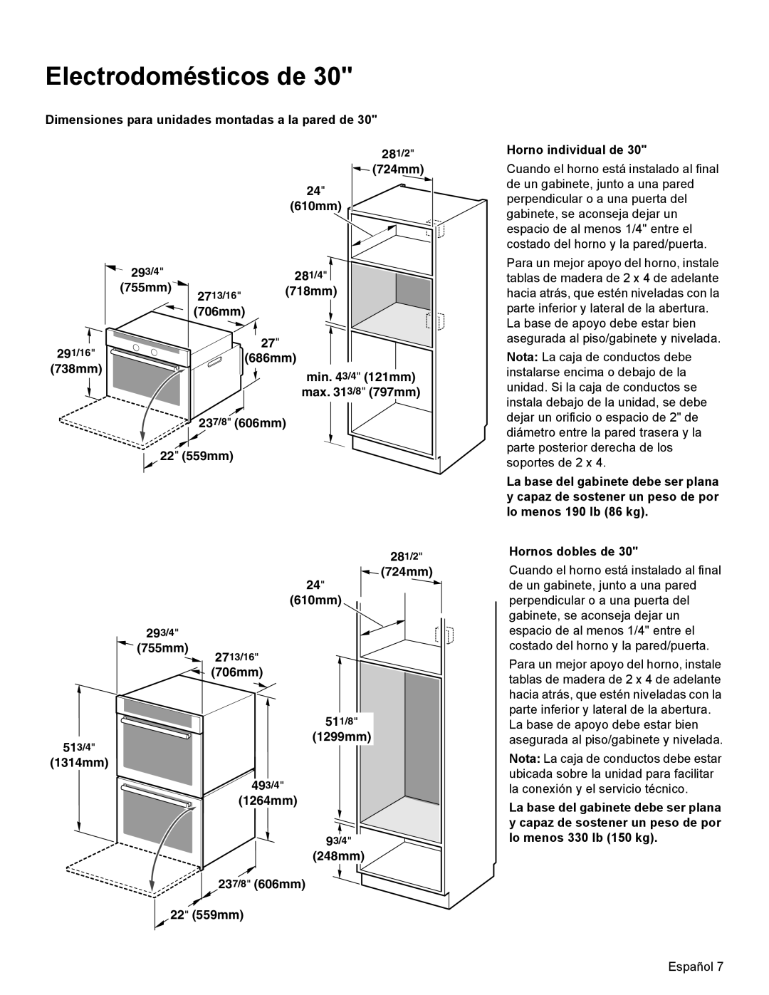 Bosch Appliances HBL34, HBL8750, HBL33, HBL54, HBN33 installation manual 22 559mm Horno individual de, Electrodomésticos de 