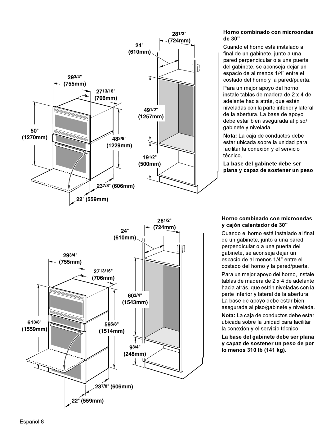 Bosch Appliances HBL8750, HBL33, HBL54, HBL34, HBN33 installation manual 500mm 237/8 606mm Horno combinado con microondas de 