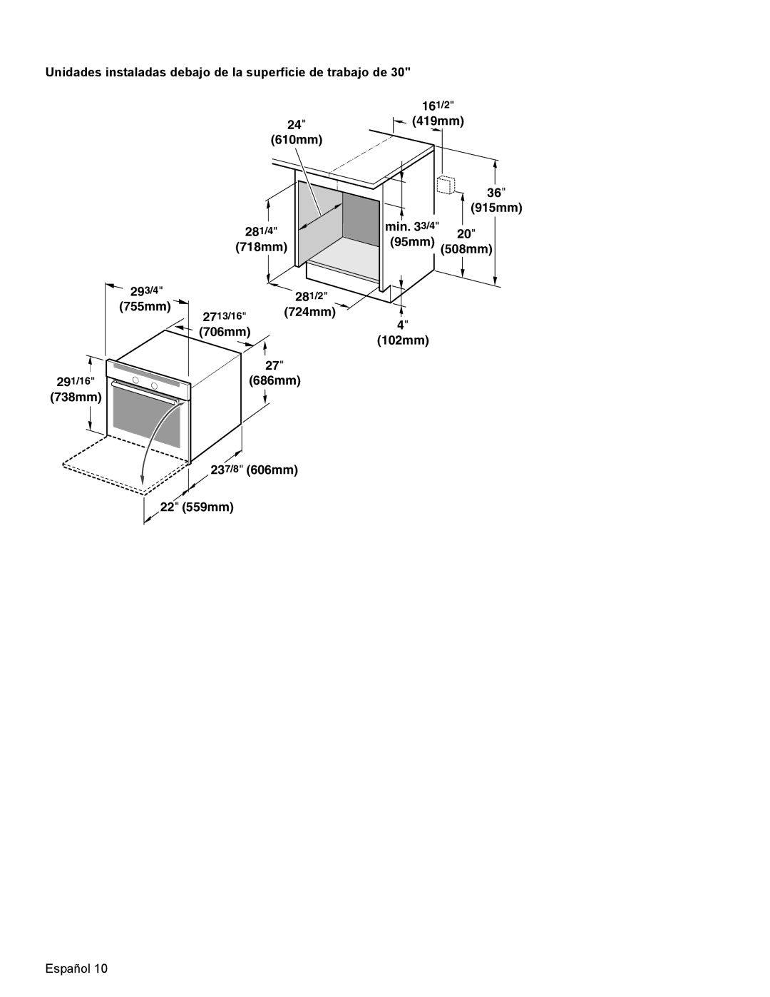 Bosch Appliances HBL8750, HBL33, HBL54 Unidades instaladas debajo de la superficie de trabajo de, 24 419mm 610mm 915mm 