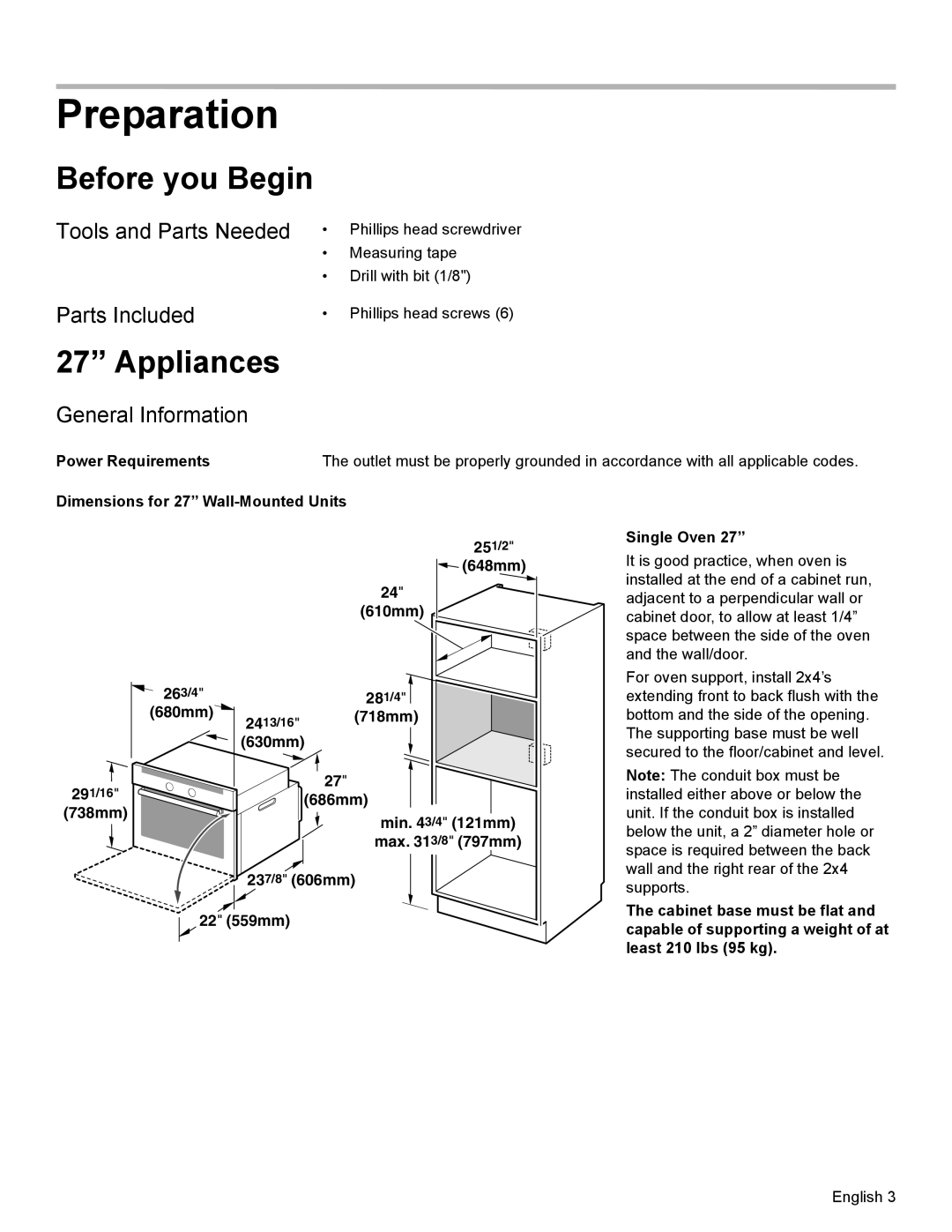 Bosch Appliances HBN33, HBL8750, HBL33 Preparation, Before you Begin, Appliances, Tools and Parts Needed Parts Included 