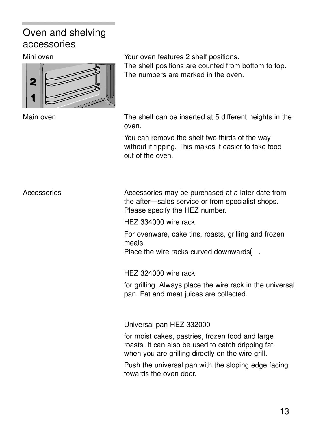 Bosch Appliances HBN 13M5.O manual Oven and shelving accessories 