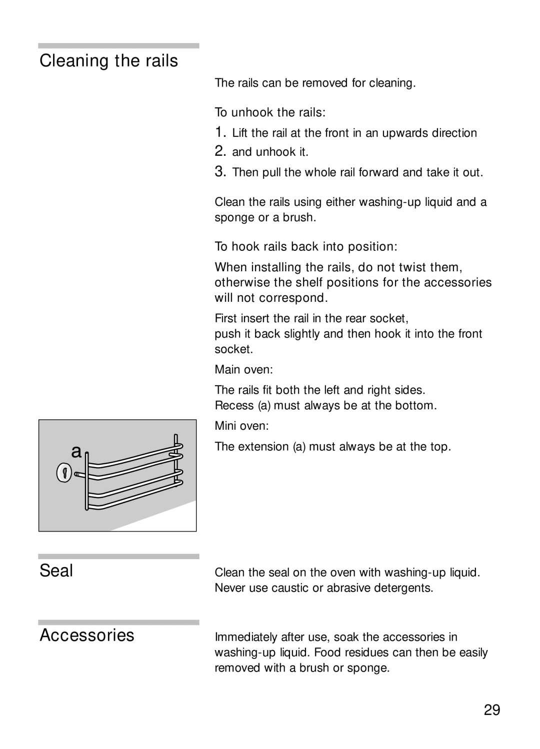 Bosch Appliances HBN 13M5.O manual Cleaning the rails Seal Accessories 