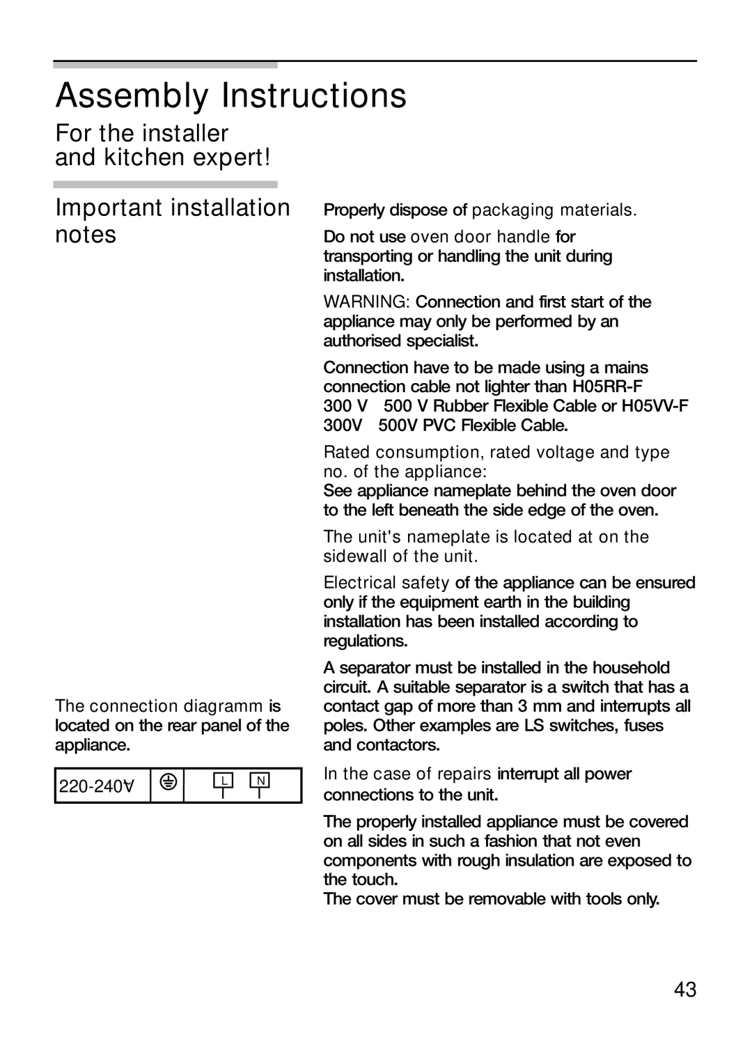 Bosch Appliances HBN 13M5.O manual Assembly Instructions 