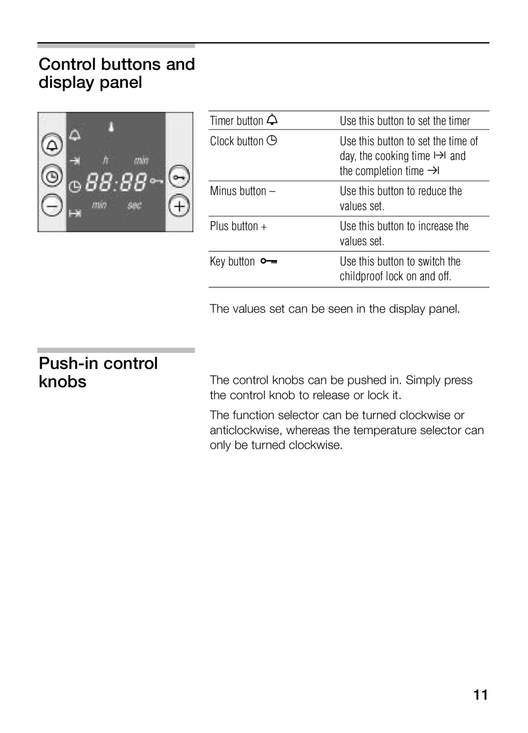 Bosch Appliances HBN 43M 550 A manual Control buttons and display panel, Push-in control knobs 