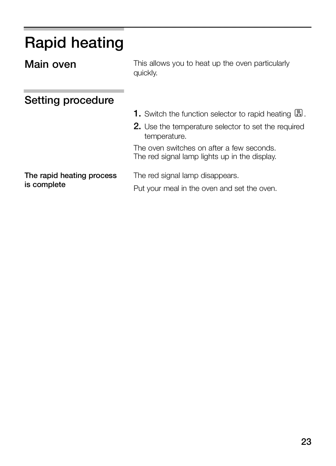 Bosch Appliances HBN 43M 550 A manual Rapid heating, Main oven Setting procedure 