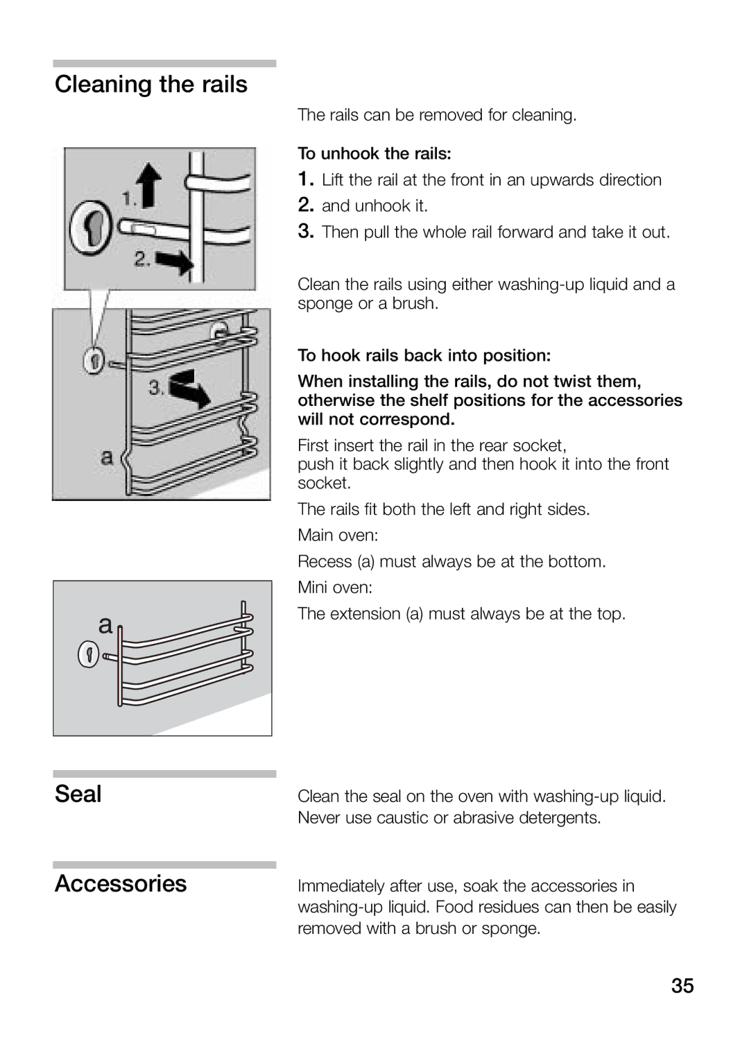 Bosch Appliances HBN 43M 550 A manual Cleaning the rails Seal Accessories 