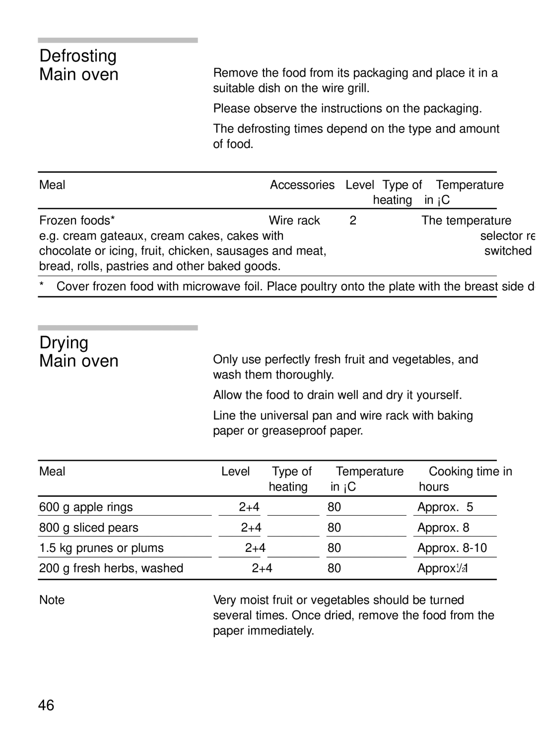 Bosch Appliances HBN 43M 550 A manual Defrosting Main oven, Drying Main oven 