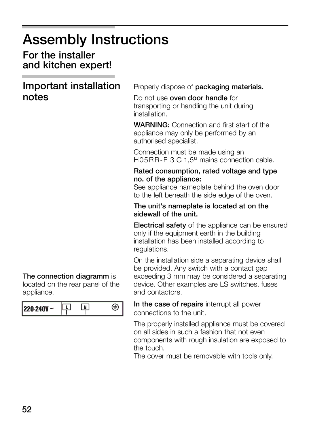 Bosch Appliances HBN 43M 550 A manual Assembly Instructions 