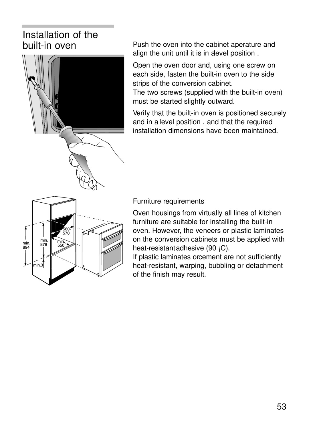 Bosch Appliances HBN 43M 550 A manual Installation of the built-in oven 