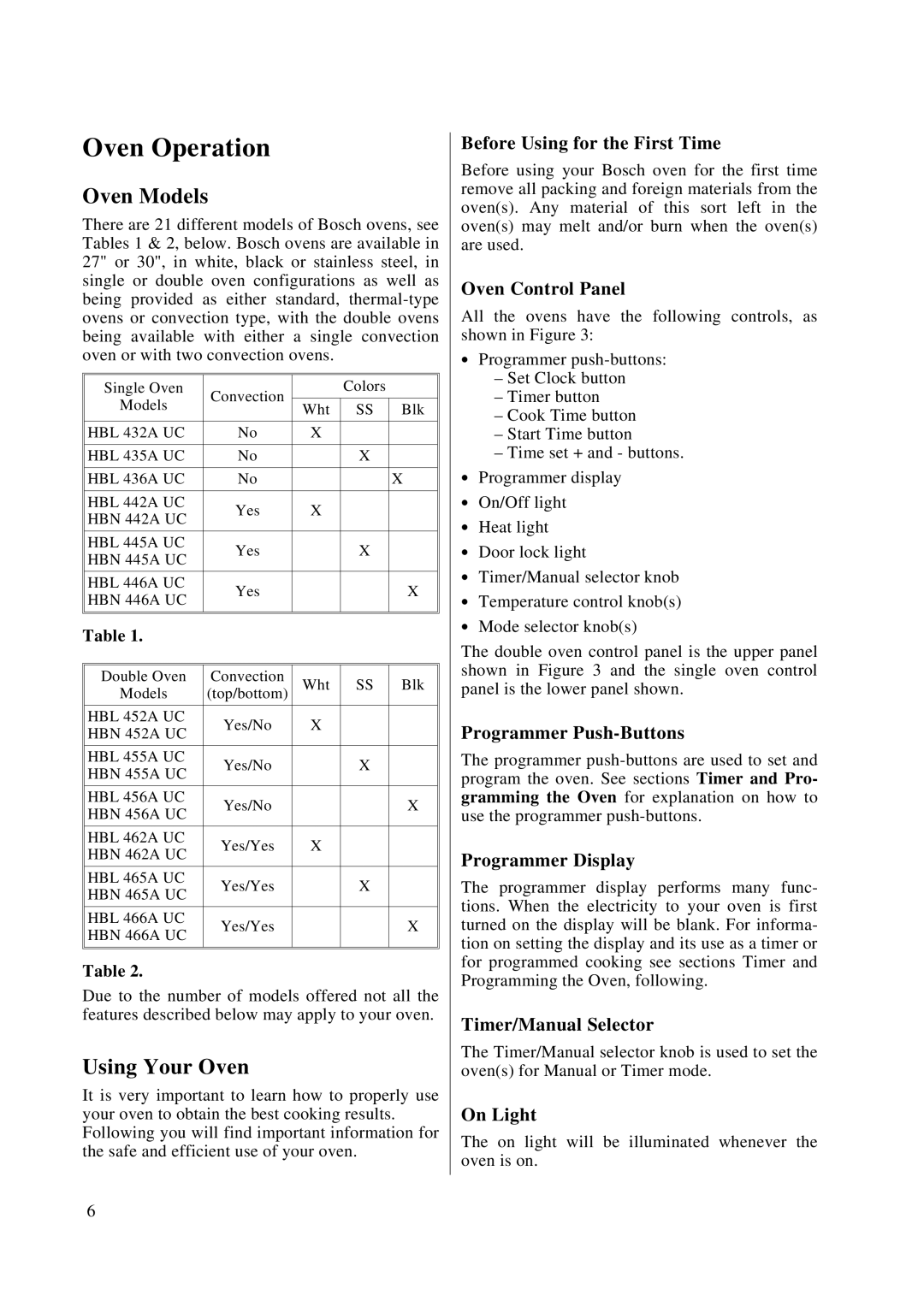 Bosch Appliances HBN 44, HBN 45, HBN 46, HBL 45, HBL 44, HBL 46 manuel dutilisation Oven Models, Using Your Oven 