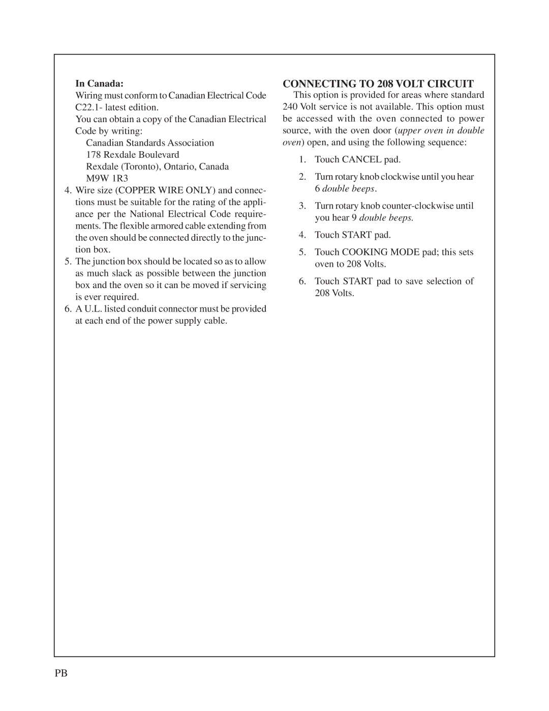 Bosch Appliances HBN 74 instruction manual Connecting to 208 Volt Circuit, Canada 