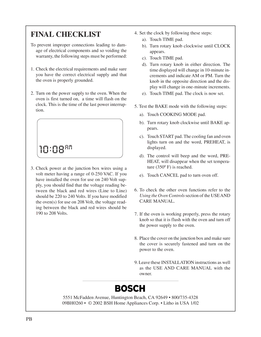 Bosch Appliances HBN 74 instruction manual 10 08AM, Final Checklist 