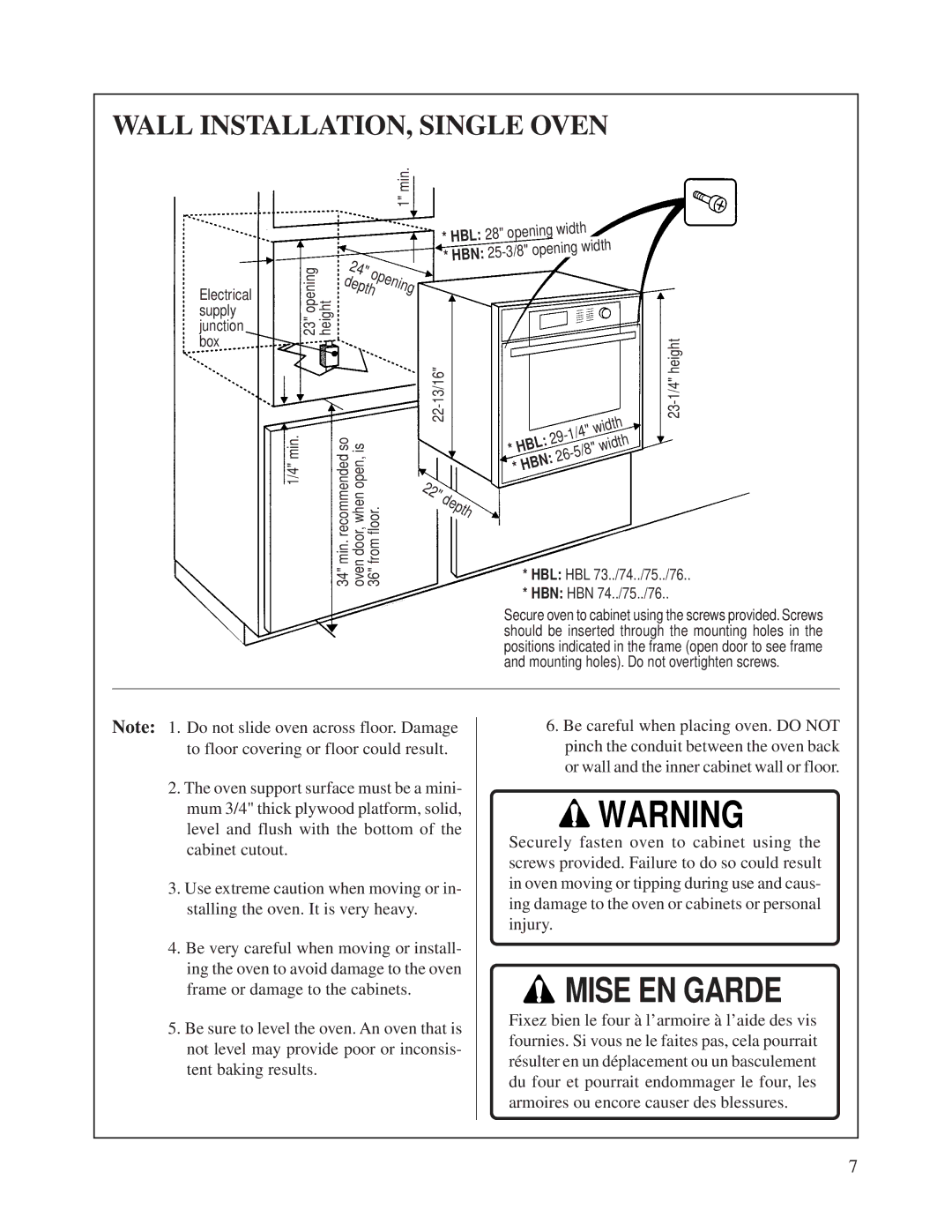 Bosch Appliances HBN 74 instruction manual Wall INSTALLATION, Single Oven, Hbn 