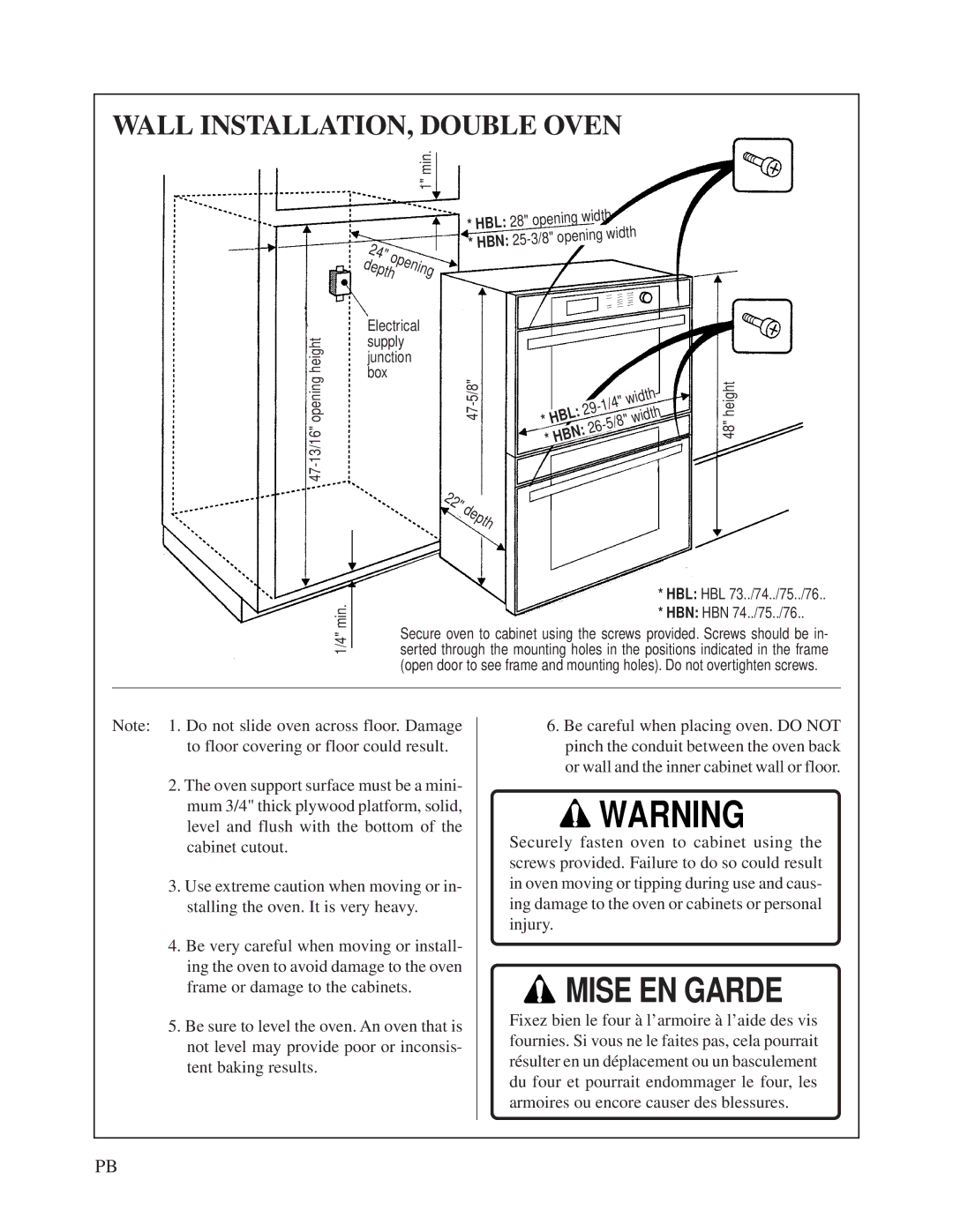 Bosch Appliances HBN 74 instruction manual Wall INSTALLATION, Double Oven 