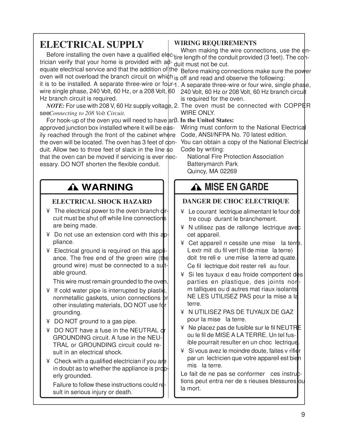 Bosch Appliances HBN 74 instruction manual Electrical Supply, Electrical Shock Hazard, Wiring Requirements, United States 