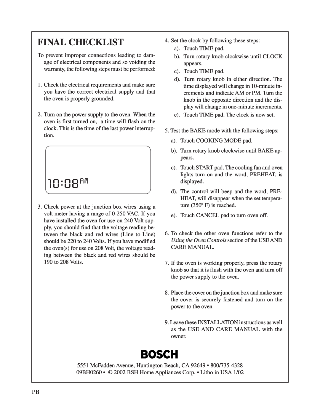 Bosch Appliances HBN 74 instruction manual Final Checklist, 10 08AM 