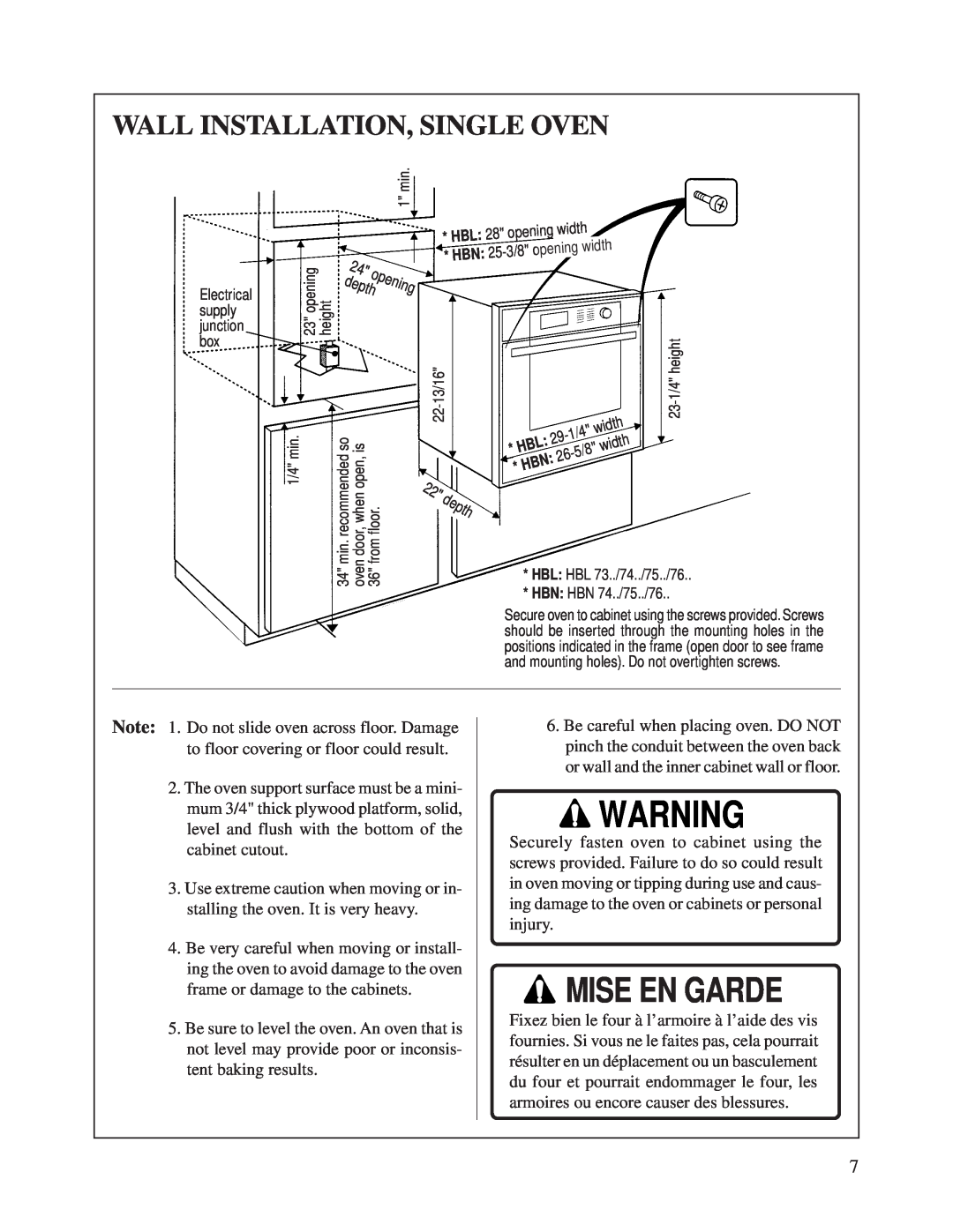 Bosch Appliances HBN 74 instruction manual Mise En Garde, Wall Installation, Single Oven 