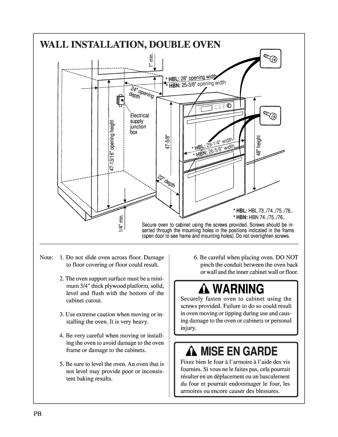 Bosch Appliances HBN 74 instruction manual Wall Installation, Double Oven, depth, Mise En Garde 