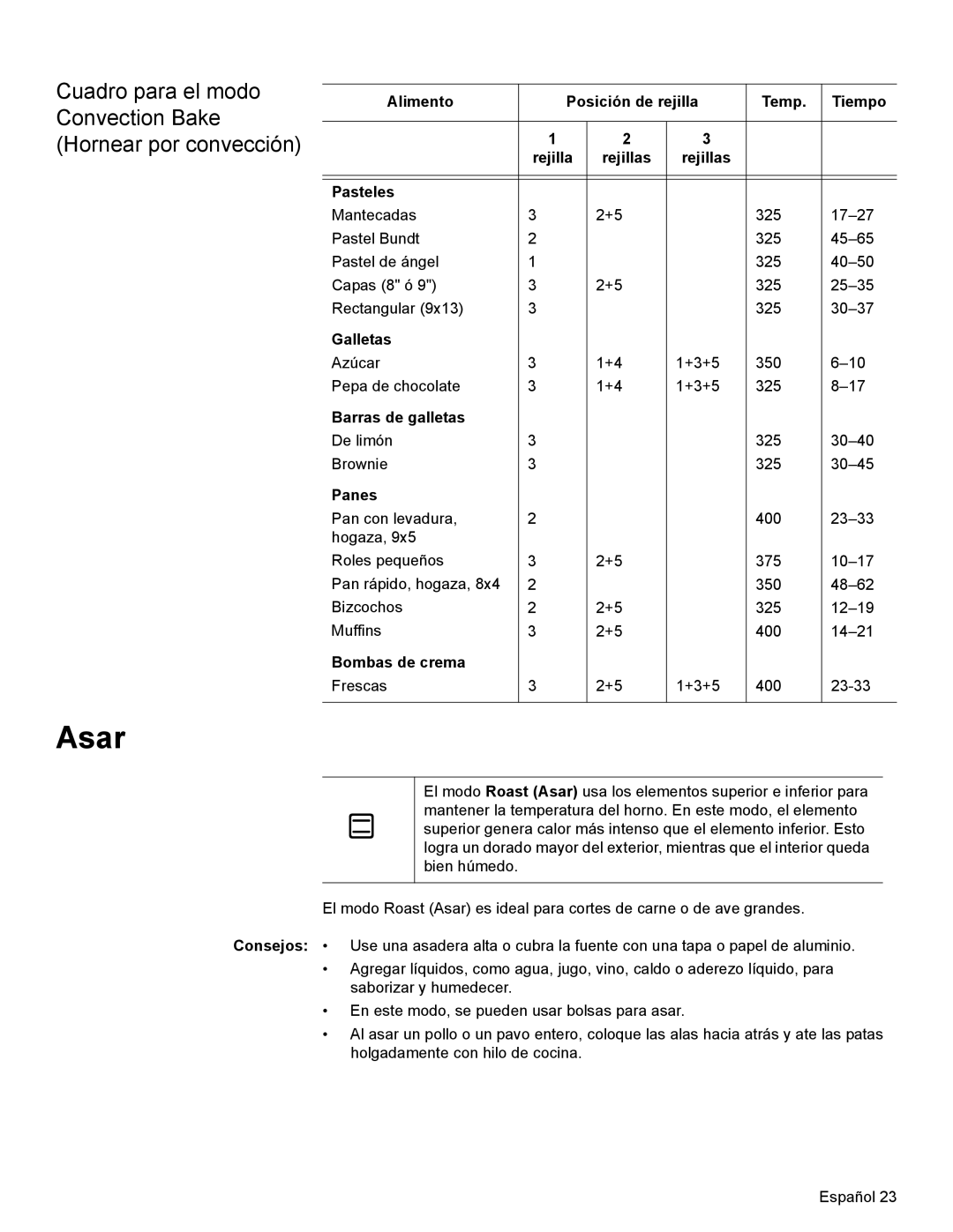 Bosch Appliances HBN34, HBL35, HBN35 manual Asar, Galletas, Barras de galletas, Panes, Bombas de crema 